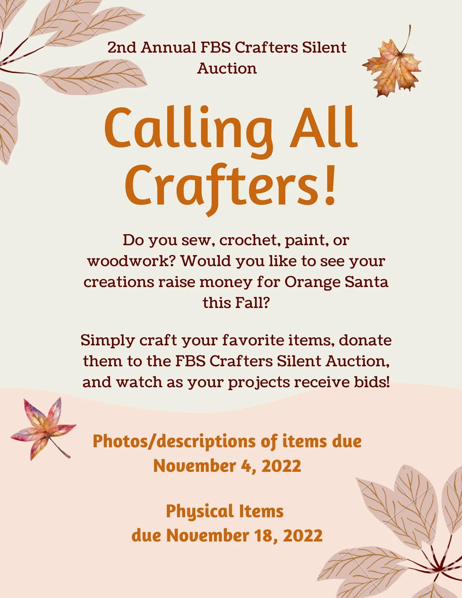 advertisement requesting crafts for fbs silent auction