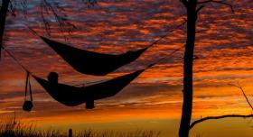 silhouette of hammock in front of sunset