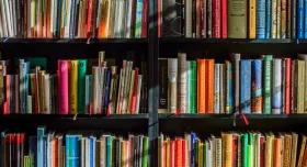 brightly colored books on a bookshelf