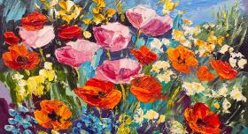 Impressionist Oil painting of red and pink poppies with assorted smaller yellow and blue flowers among grass with a small piece of sky visible in the background