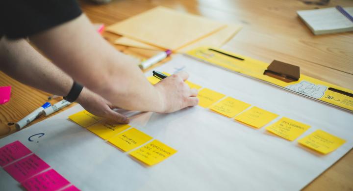 Person arranging post it notes on a flip chart