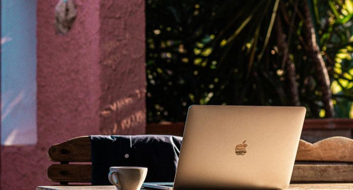 open laptop on a picnic table with blooming tree in the background on a sunny day
