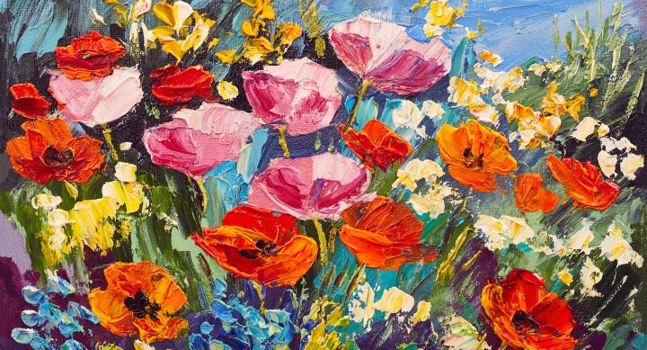 Impressionist Oil painting of red and pink poppies with assorted smaller yellow and blue flowers among grass with a small piece of sky visible in the background