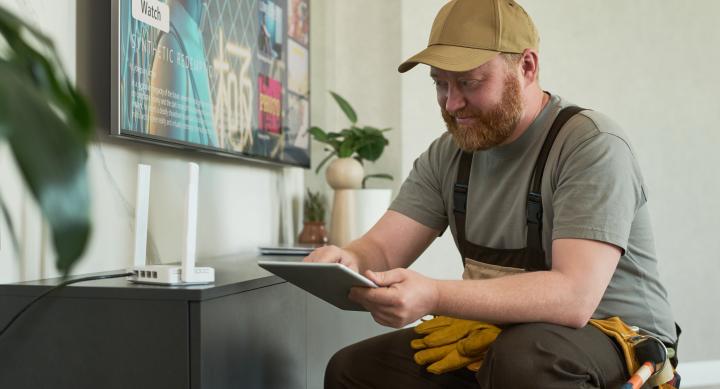 Audio Visual Installation Technician typing on tablet device while repairing Television