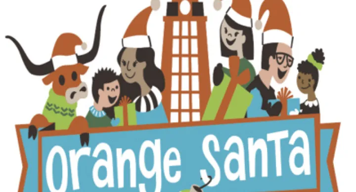 orange santa logo - people and bevo by ut tower