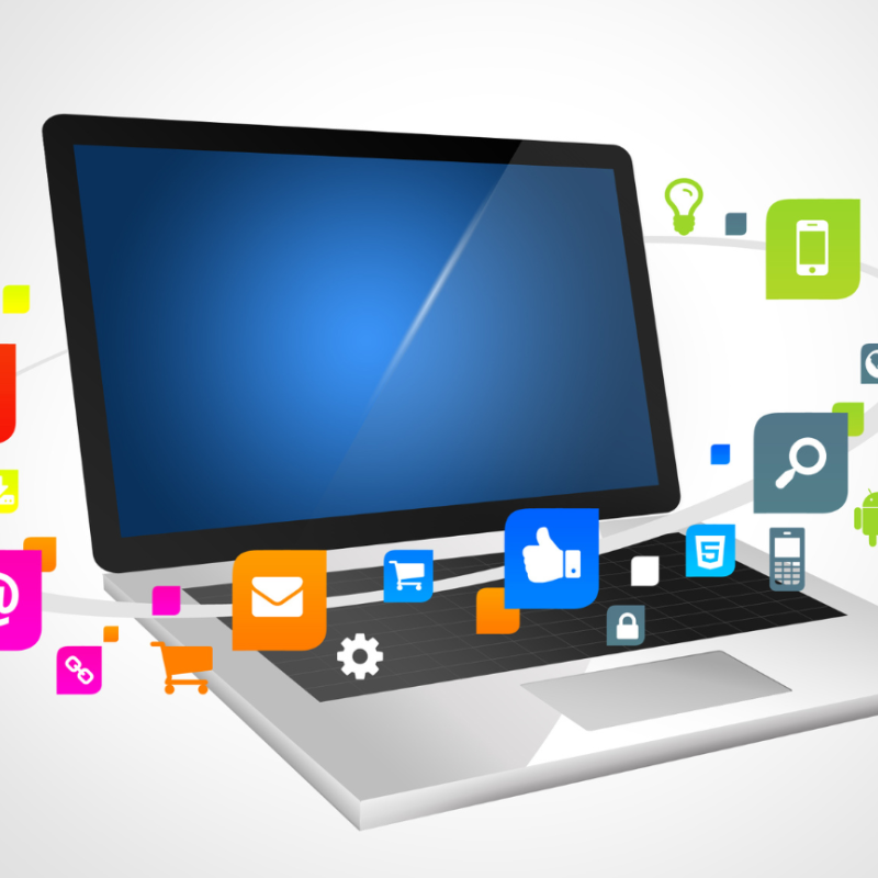 Laptop computer surrounded with icons to applications